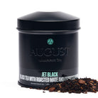 Jet Black Roasty Coffee Black Tea by August Uncommon Tea in a 28-cup tin, featuring dark, rich black tea with roasted coffee flavor.