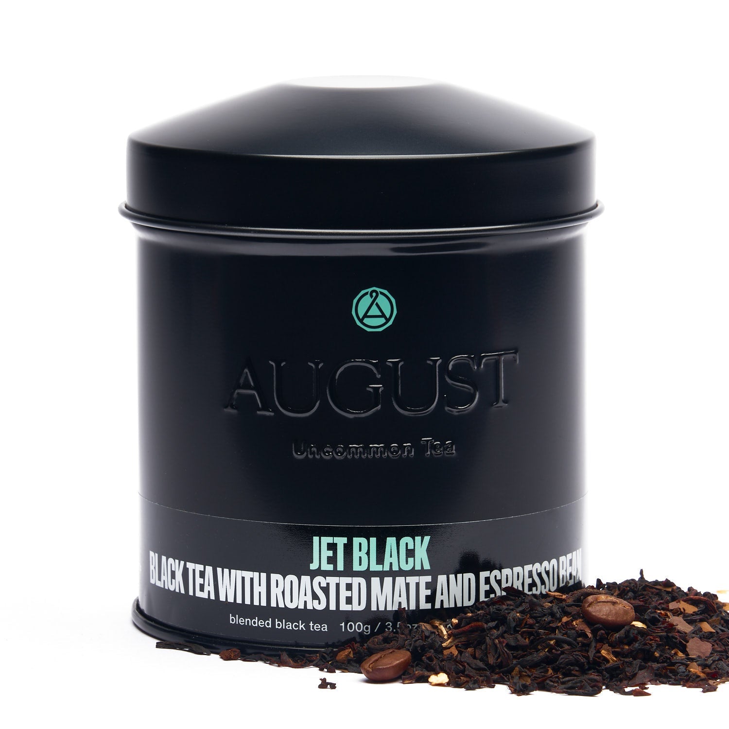 Jet Black Roasty Coffee Black Tea by August Uncommon Tea in a 28-cup tin, featuring dark, rich black tea with roasted coffee flavor.