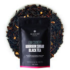 Black tea in a 28-cup tin, Low Country Bourbon Sugar Black Tea by August Uncommon Tea, showcasing the tea leaves and packaging.