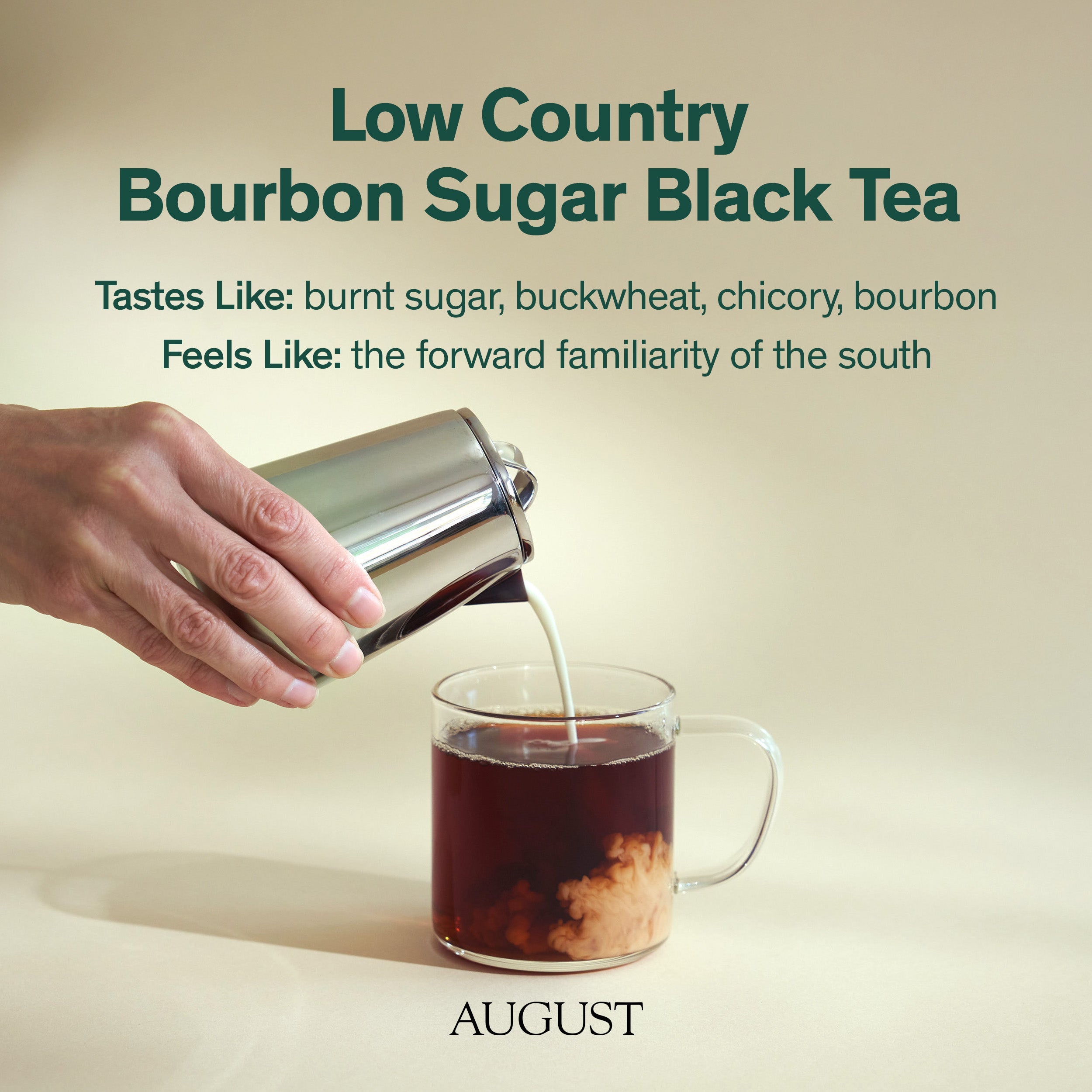 Black tea in a 28-cup tin, Low Country Bourbon Sugar Black Tea by August Uncommon Tea, packaged in a black tin with product label.