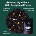 Black tea in a 28-cup tin, Low Country Bourbon Sugar Black Tea by August Uncommon Tea, with loose tea leaves visible.
