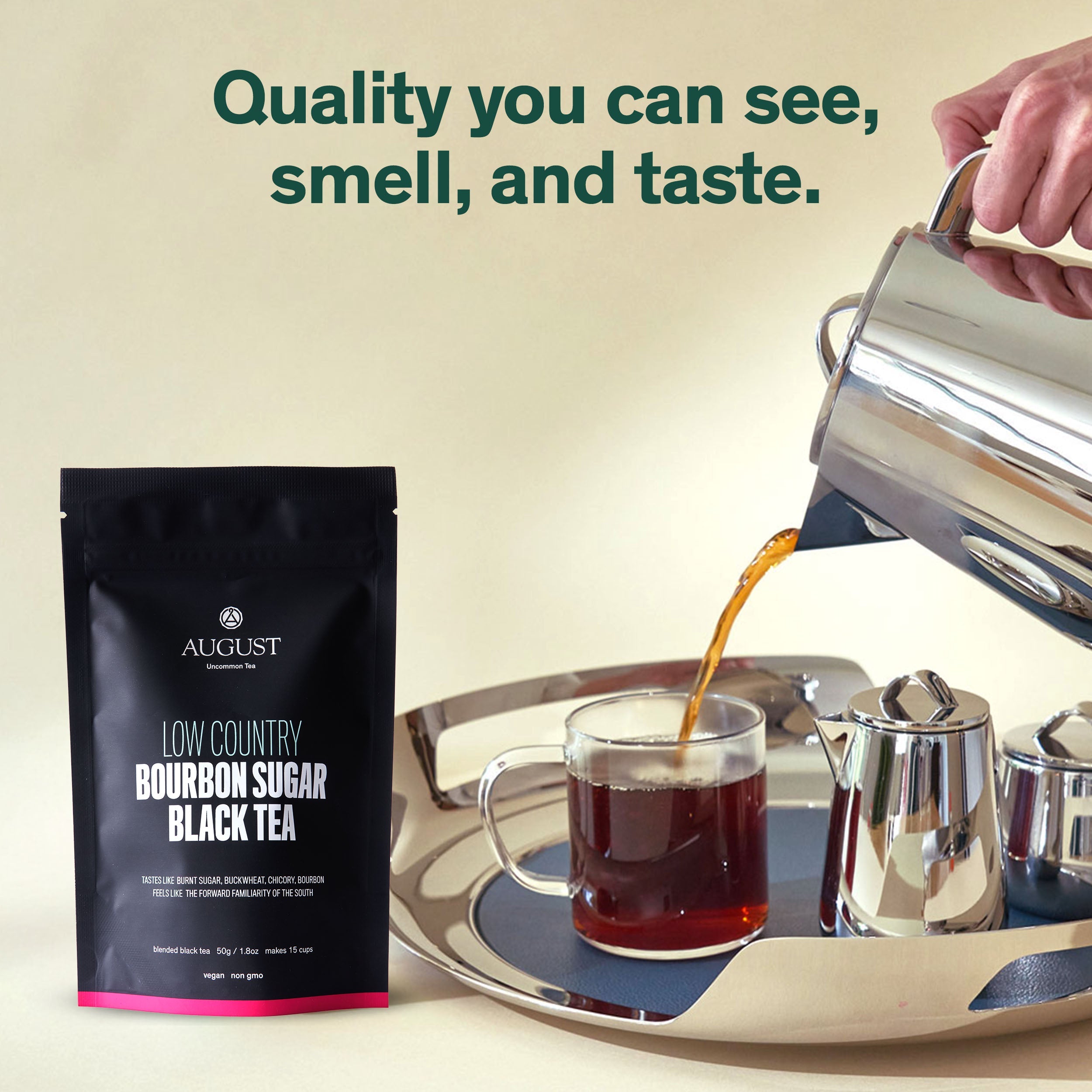 Black tea in a 28-cup tin labeled Low Country Bourbon Sugar Black Tea by August Uncommon Tea, showcasing the tea packaging.