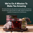 Black tea in a 28-cup tin labeled Low Country Bourbon Sugar Black Tea by August Uncommon Tea, showcasing the tea packaging.