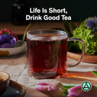 Black tea in a 28-cup tin from August Uncommon, Low Country Bourbon Sugar Black Tea, showcasing the tea leaves and packaging.
