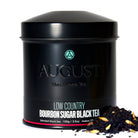 Black tea in a 28-cup tin from August Uncommon Tea, Low Country Bourbon Sugar Black Tea, showcasing the tea leaves inside