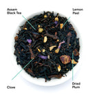 August Uncommon Tea Metropolitan Bergamot Plum Earl Grey Black Tea in 28-cup tin with black tea leaves and bergamot, plum, and Earl Grey flavor.