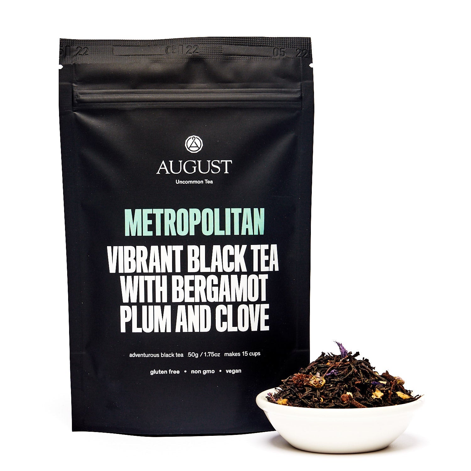 August Uncommon Tea Metropolitan Bergamot Plum Earl Grey Black Tea in a 28-cup tin, featuring black tea with bergamot and plum flavors.
