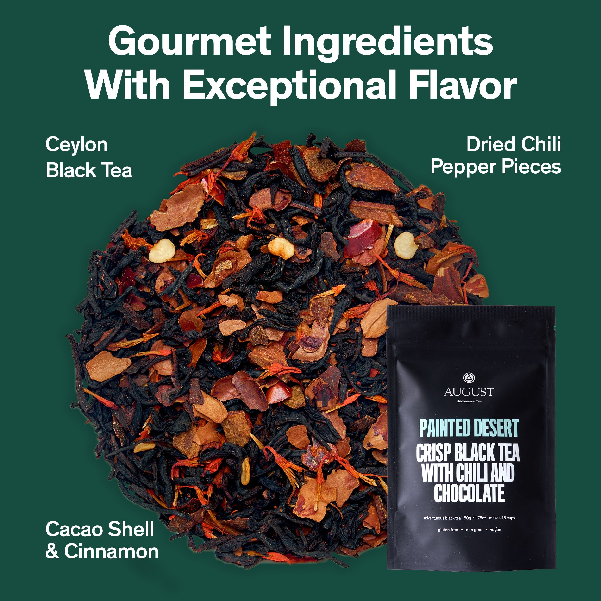 Painted Desert Chocolate Chili Black Tea in a 28-cup tin by August Uncommon Tea, showing the colorful label and tea packaging.