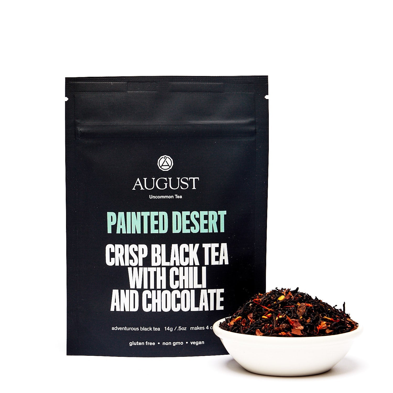 Painted Desert Chocolate Chili Black Tea by August Uncommon Tea in a 28-cup tin, showcasing dark tea leaves with hints of chili and chocolate.
