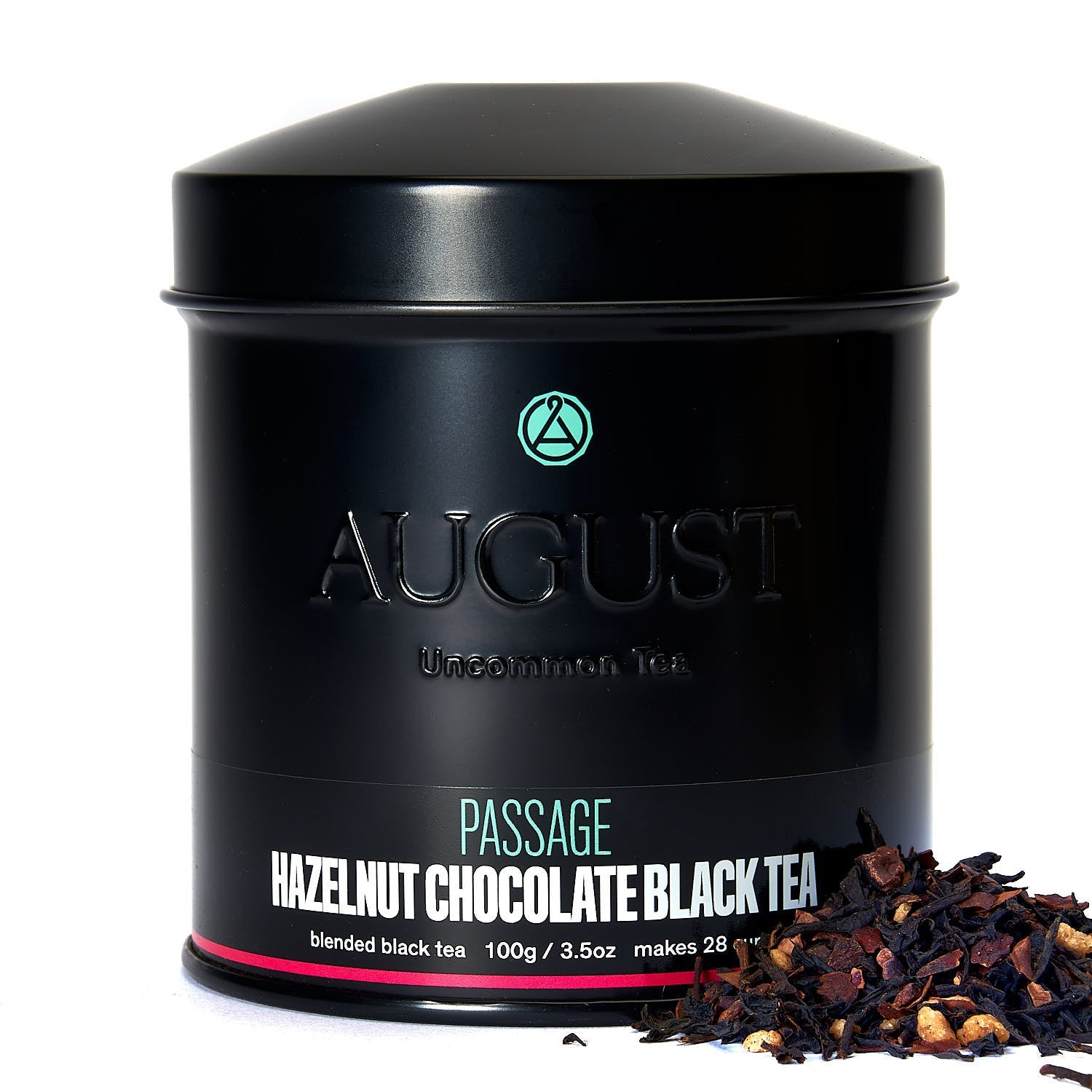 August Uncommon Tea Passage Hazelnut Chocolate Black Tea in a 28-cup tin, showcasing the black tea blend with hazelnut and chocolate notes.