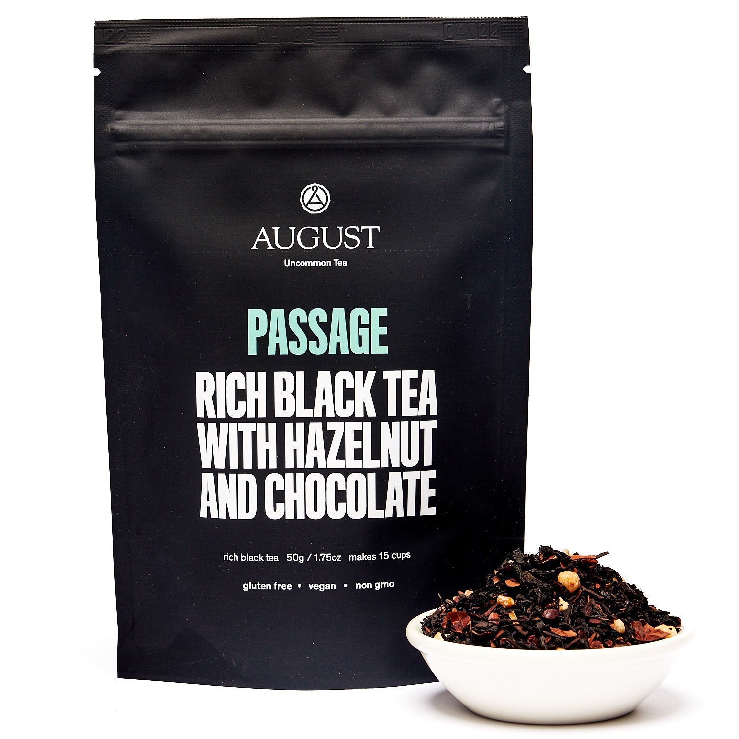 Passage Hazelnut Chocolate Black Tea in August Uncommon Tea 28-cup tin, rich black tea with hazelnut and chocolate flavor.