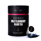 Black Metallic Violet Elderberry Black Tea by August Uncommon Tea, 15 tea bags in a sleek packaging.