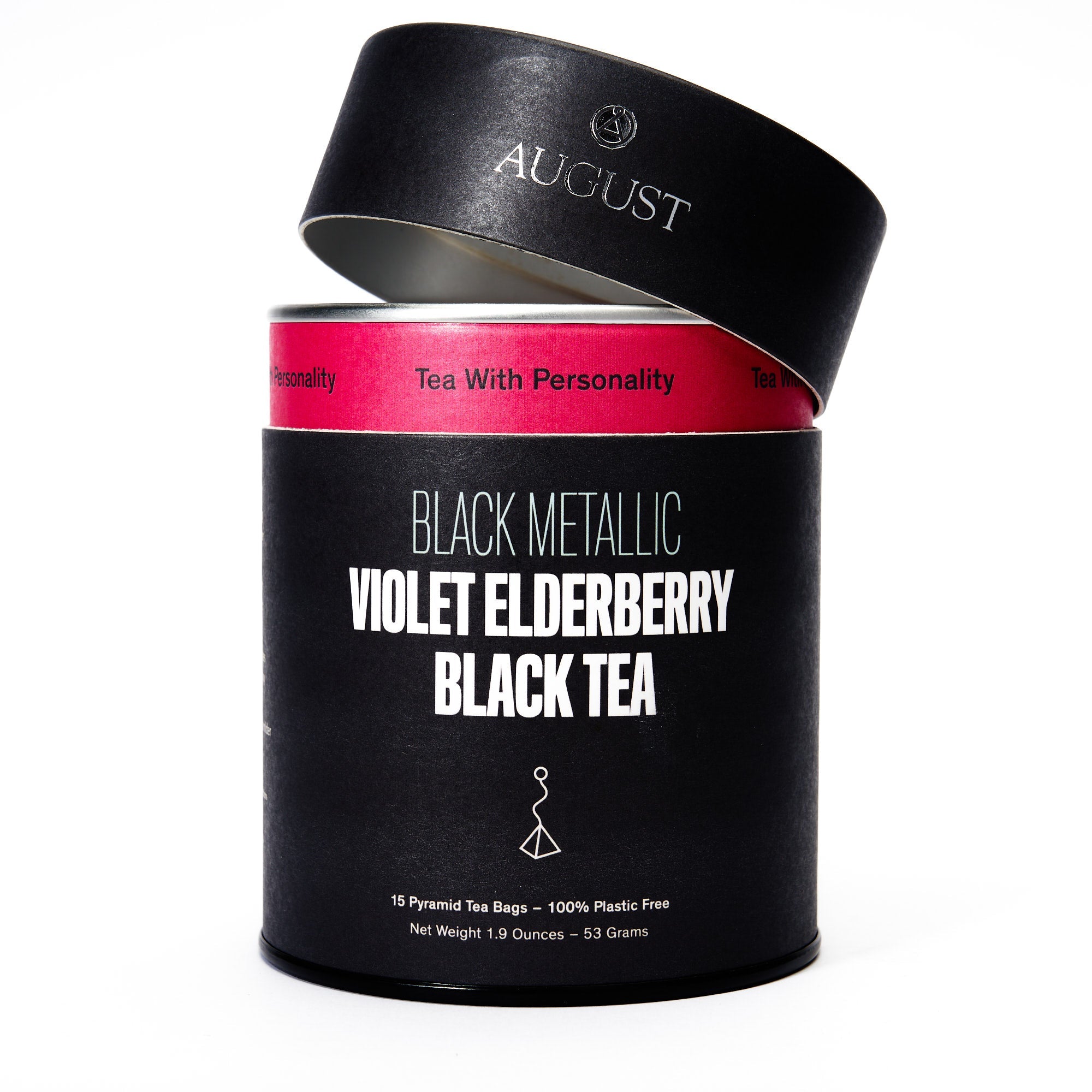 Black Metallic Violet Elderberry Black Tea by August Uncommon Tea, 15 tea bags in a packaging image.