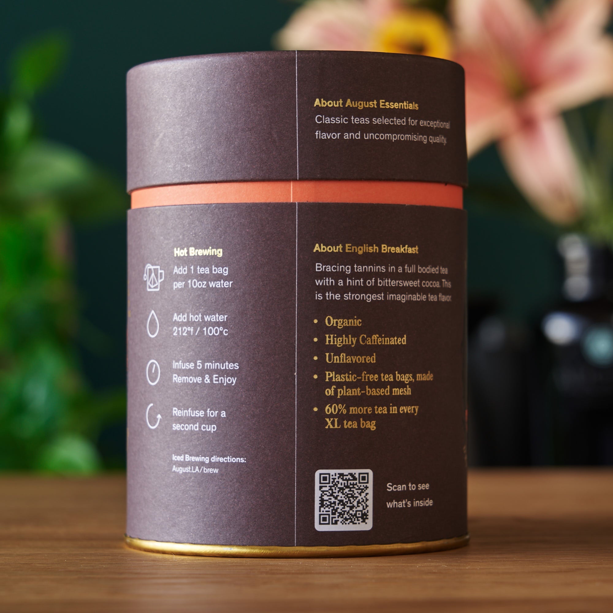 Box of August Uncommon Tea Essentials English Breakfast Black Tea bags, featuring 15 black tea bags in a package.