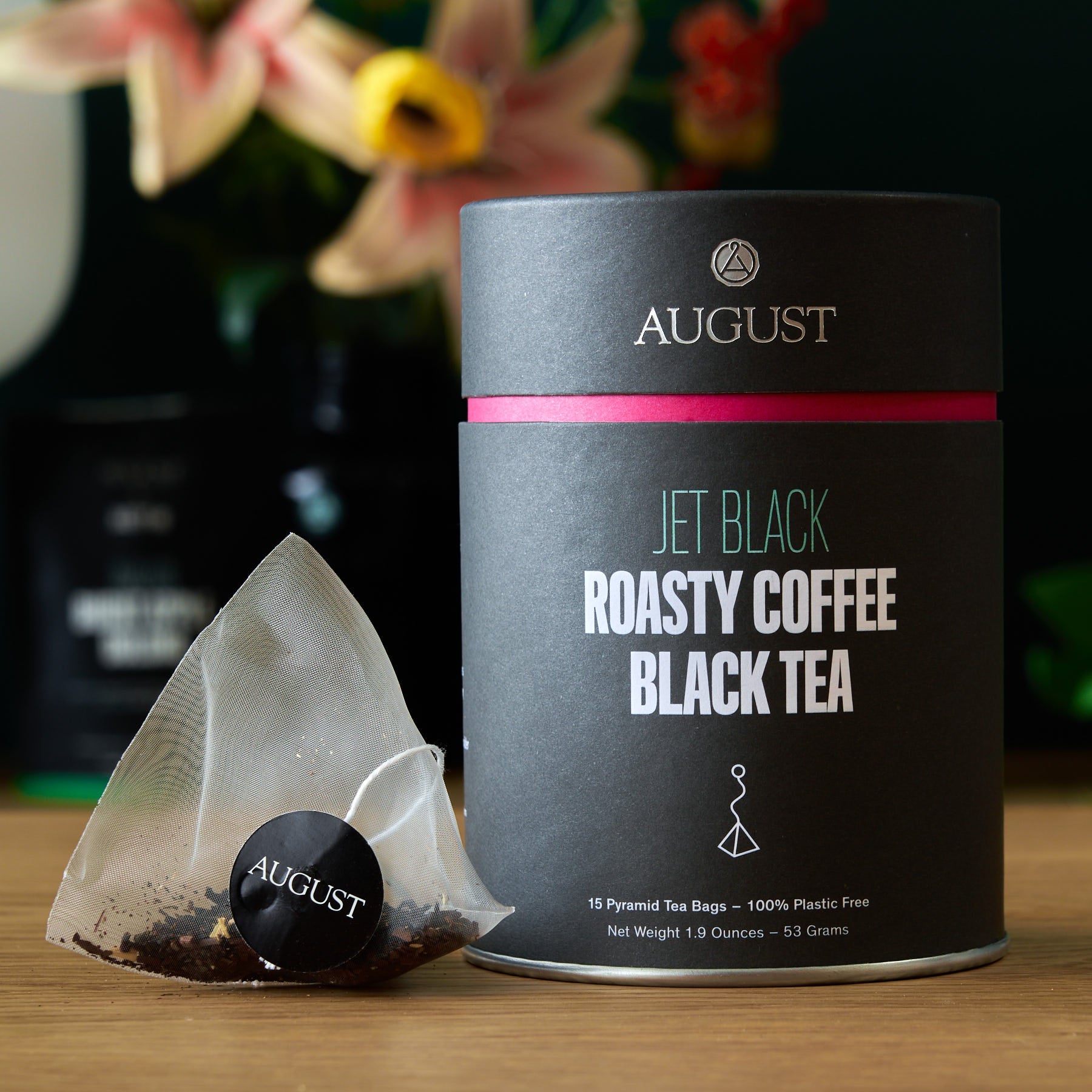 Jet Black Roasty Coffee Black Tea by August Uncommon Tea in a box of 15 tea bags, showcasing the black tea packaging.