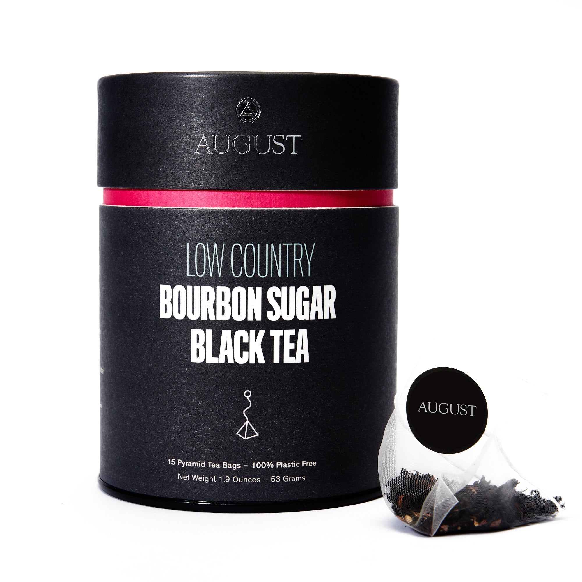 Box of 15 Low Country black tea bags by August Uncommon Tea, featuring individually wrapped tea bags for brewing.