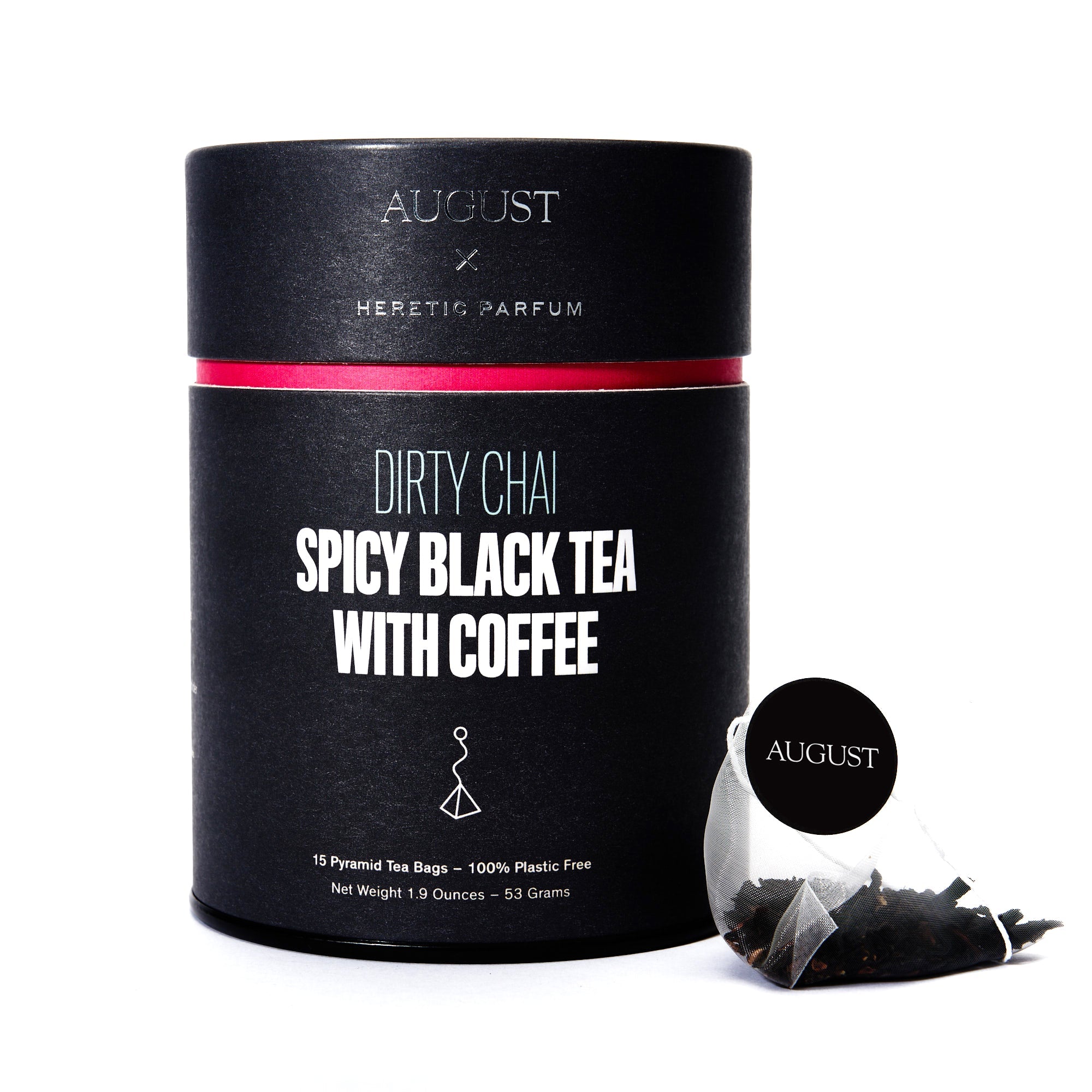 Box of August Uncommon Tea Dirty Chai with 15 spicy black tea and coffee bags, showcasing the tea packaging and branding.