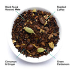 Box of August Uncommon Tea Dirty Chai with 15 spicy black tea and coffee bags, featuring black tea leaves and chai spices.
