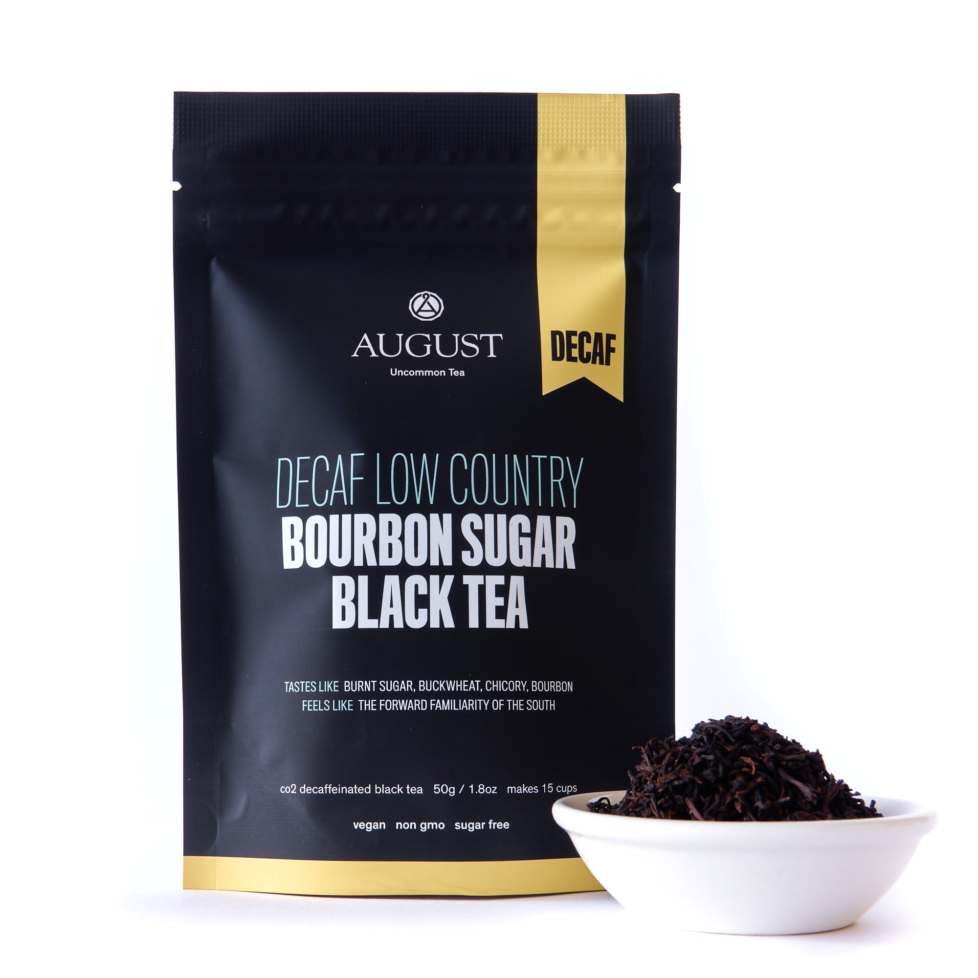 Decaf Low Country Bourbon Sugar Black Tea bag by August Uncommon Tea, showcasing the tea packaging with branding and product details.