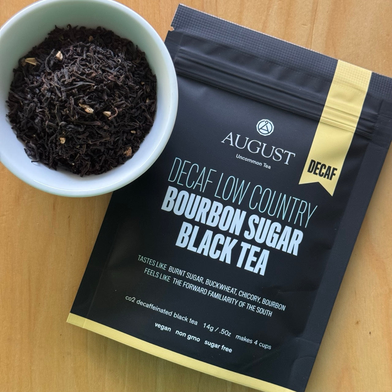 Decaf Low Country Bourbon Sugar Black Tea bag from August Uncommon Tea, showcasing a black tea bag with bourbon sugar flavor.
