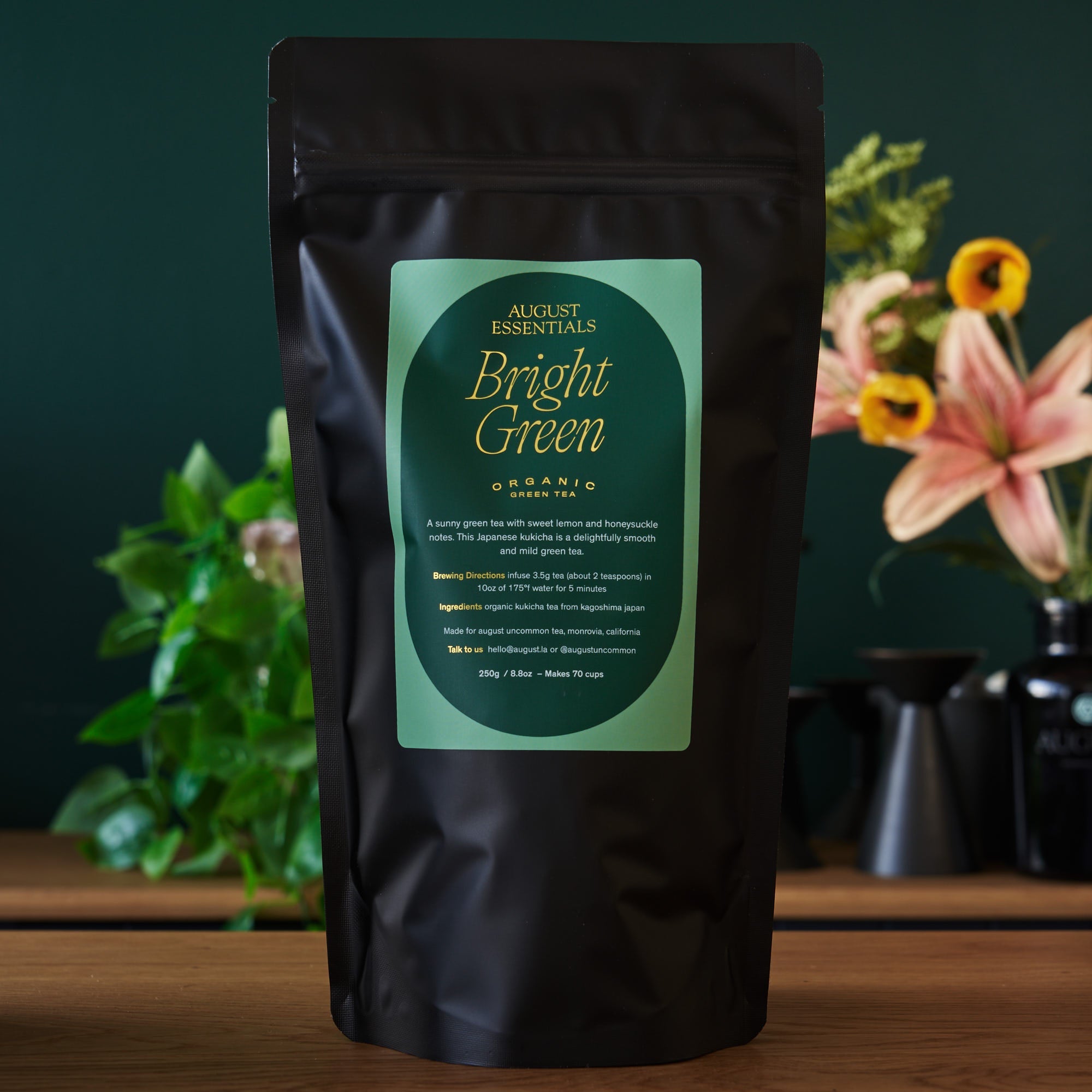August Uncommon Tea Essentials Bright Green Green Tea bag, vibrant green tea for brewing, in a 15-cup pack.