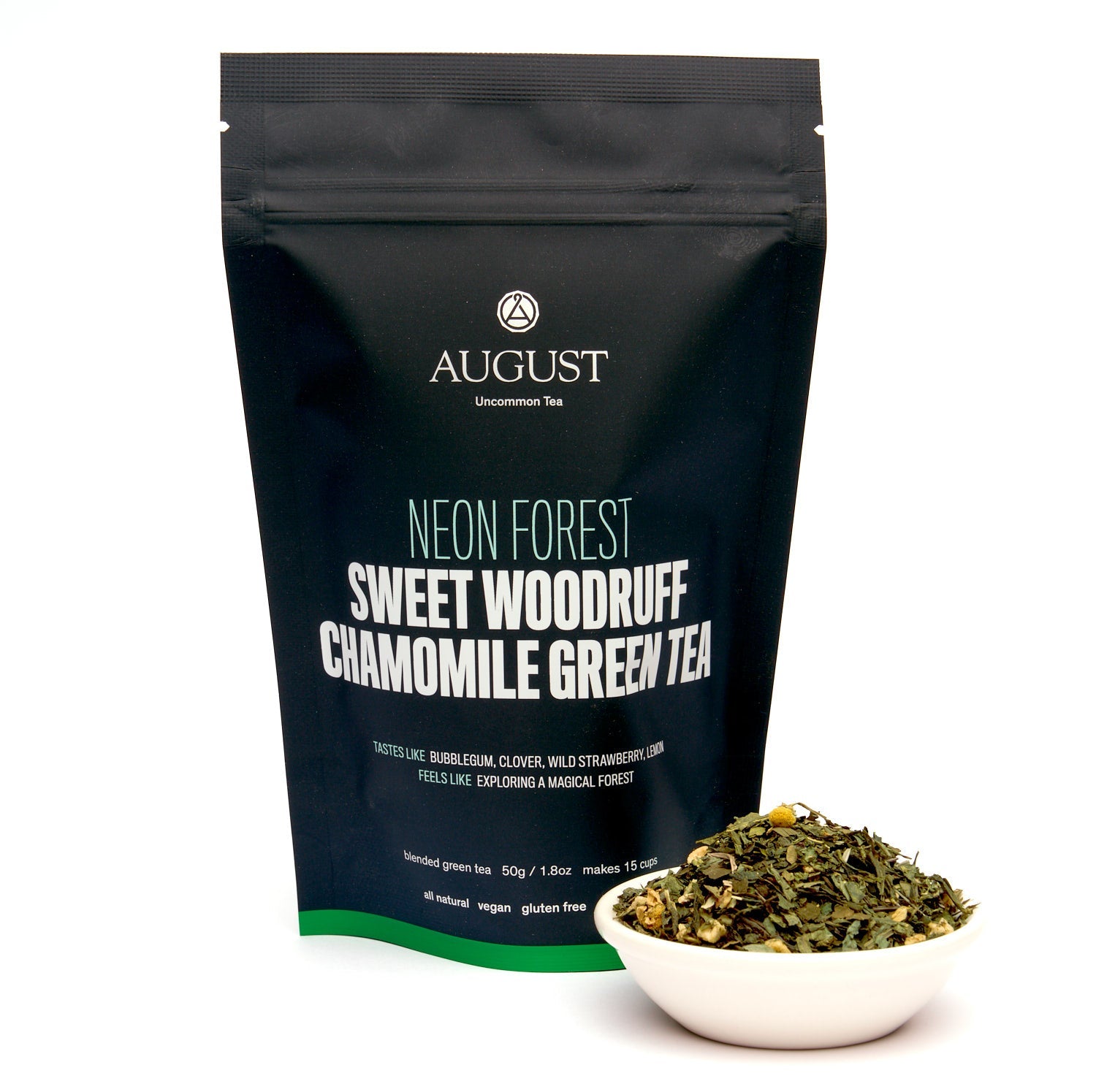 Neon Forest Apple Chamomile Green Tea bag from August Uncommon Tea, green tea with apple and chamomile flavors in a 15-cup bag