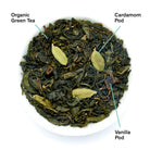 August Uncommon Tea Combray Vanilla Cardamom Green Tea in a 23-cup tin, showcasing vibrant green tea leaves and vanilla-cardamom flavor.