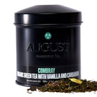 August Uncommon Tea Combray Vanilla Cardamom Green Tea in a 23-cup tin, highlighting the aromatic green tea blend in the image.