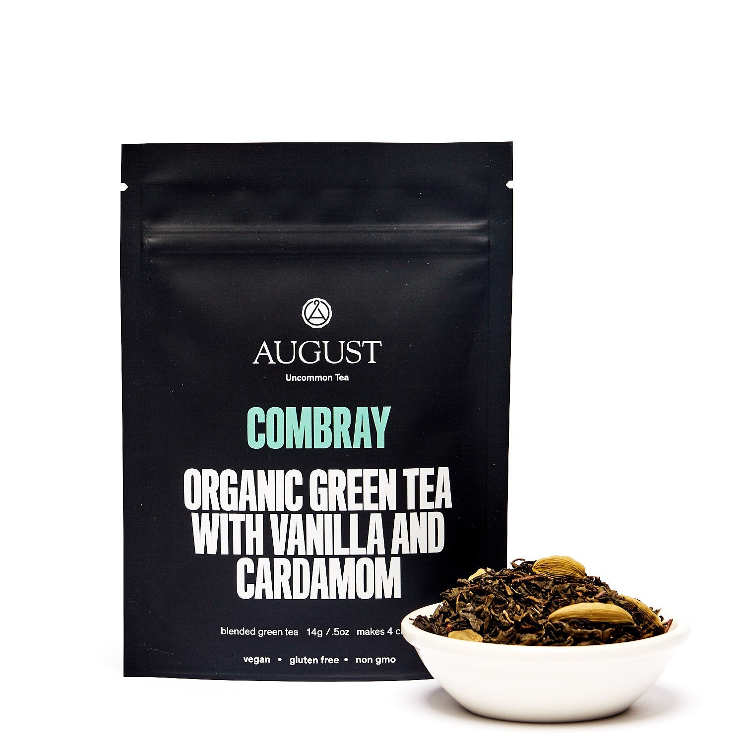 August Uncommon Tea Combray vanilla cardamom green tea in a 23-cup tin, showcasing fresh green tea leaves with vanilla and cardamom.