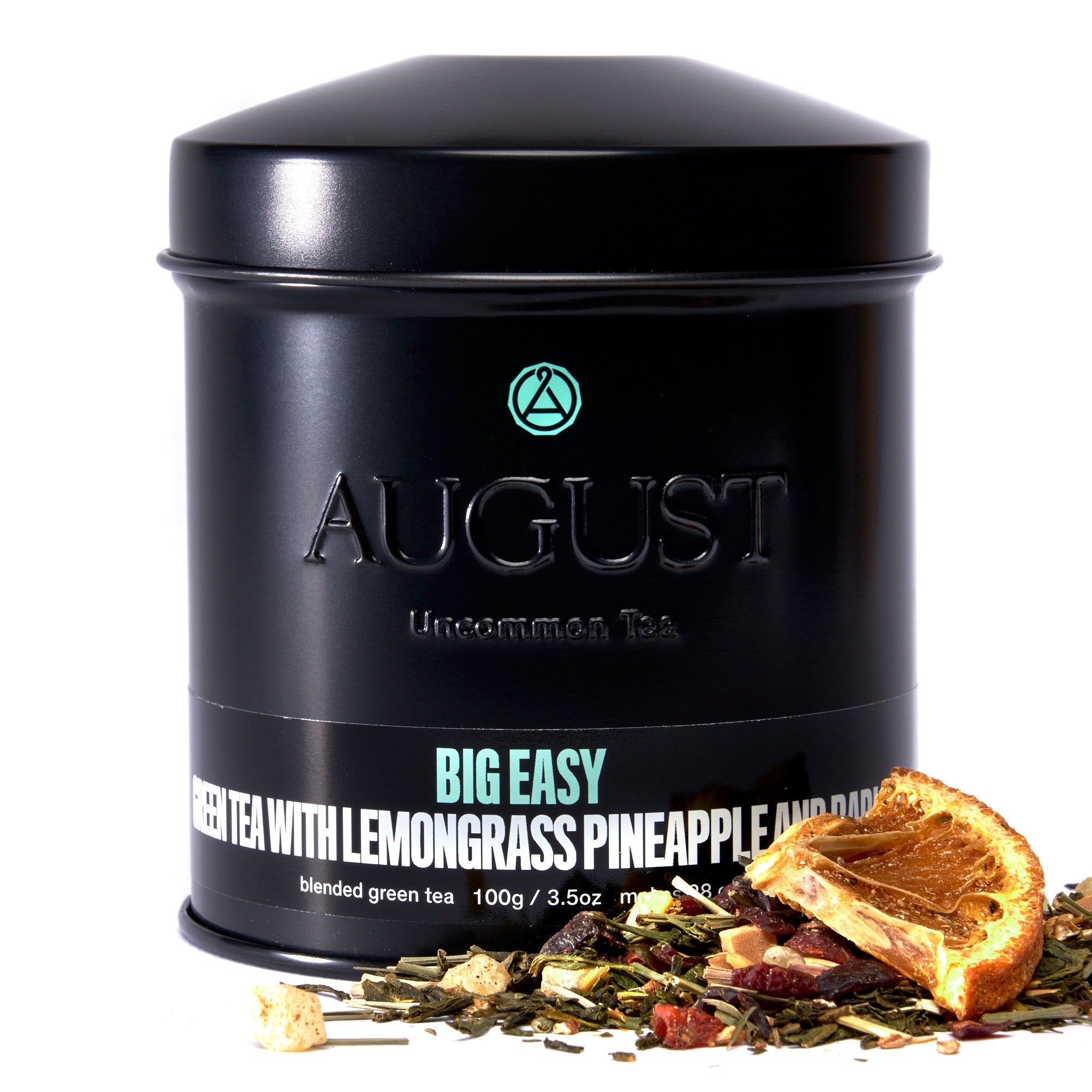 Big Easy Pineapple Caramel Green Tea tin by August Uncommon Tea, green tea beverage with pineapple and caramel flavor.