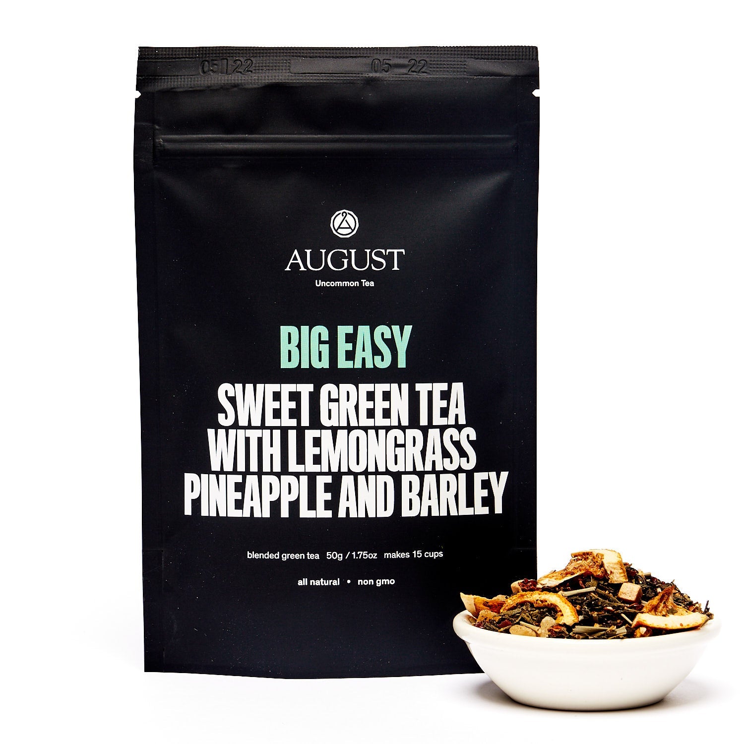 Big Easy Pineapple Caramel Green Tea tin by August Uncommon Tea, showcasing the vibrant packaging for this flavored green tea beverage.