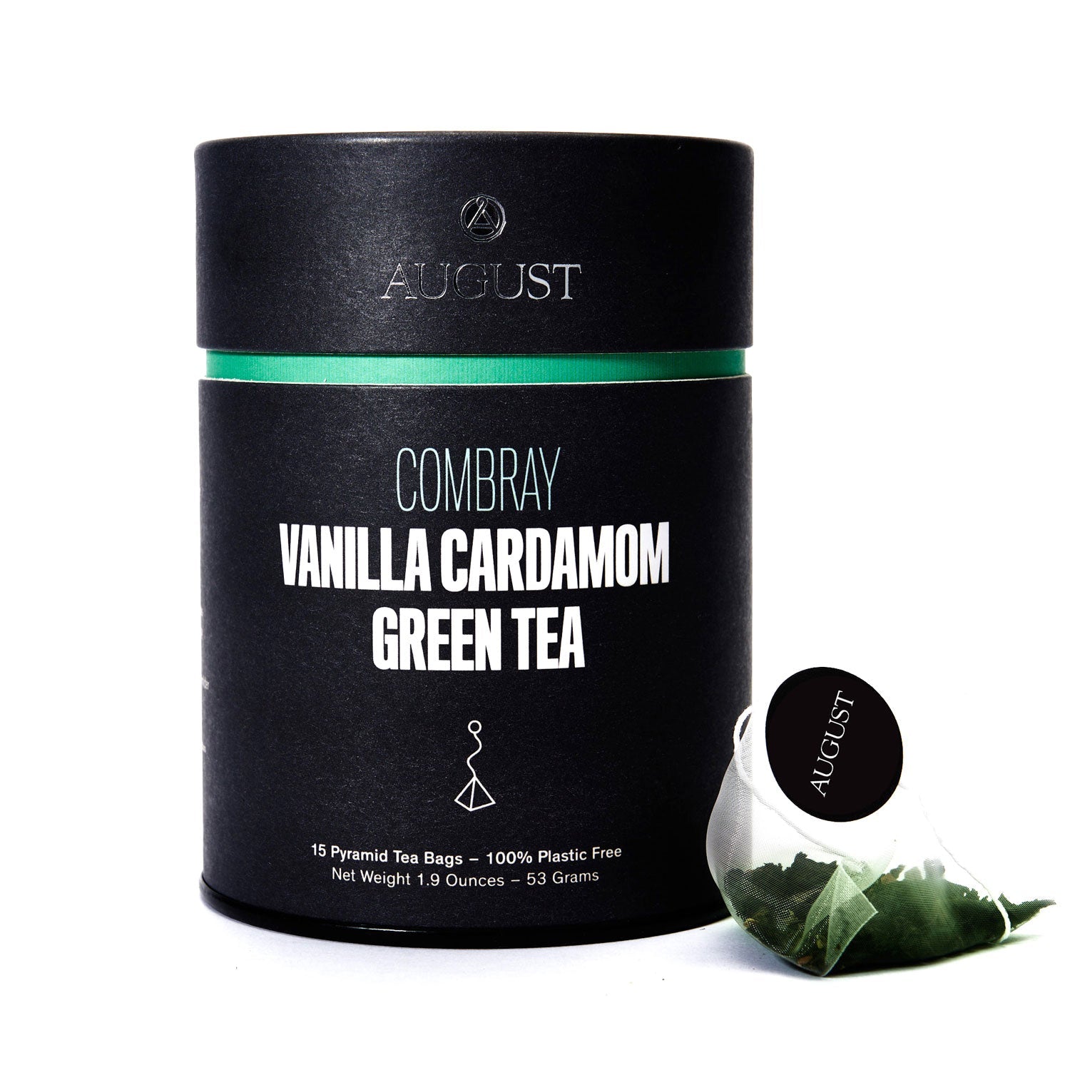 August Uncommon Tea Combray Vanilla Cardamom Green Tea in 15 tea bags, showcasing the tea box with green tea leaves and elegant packaging.