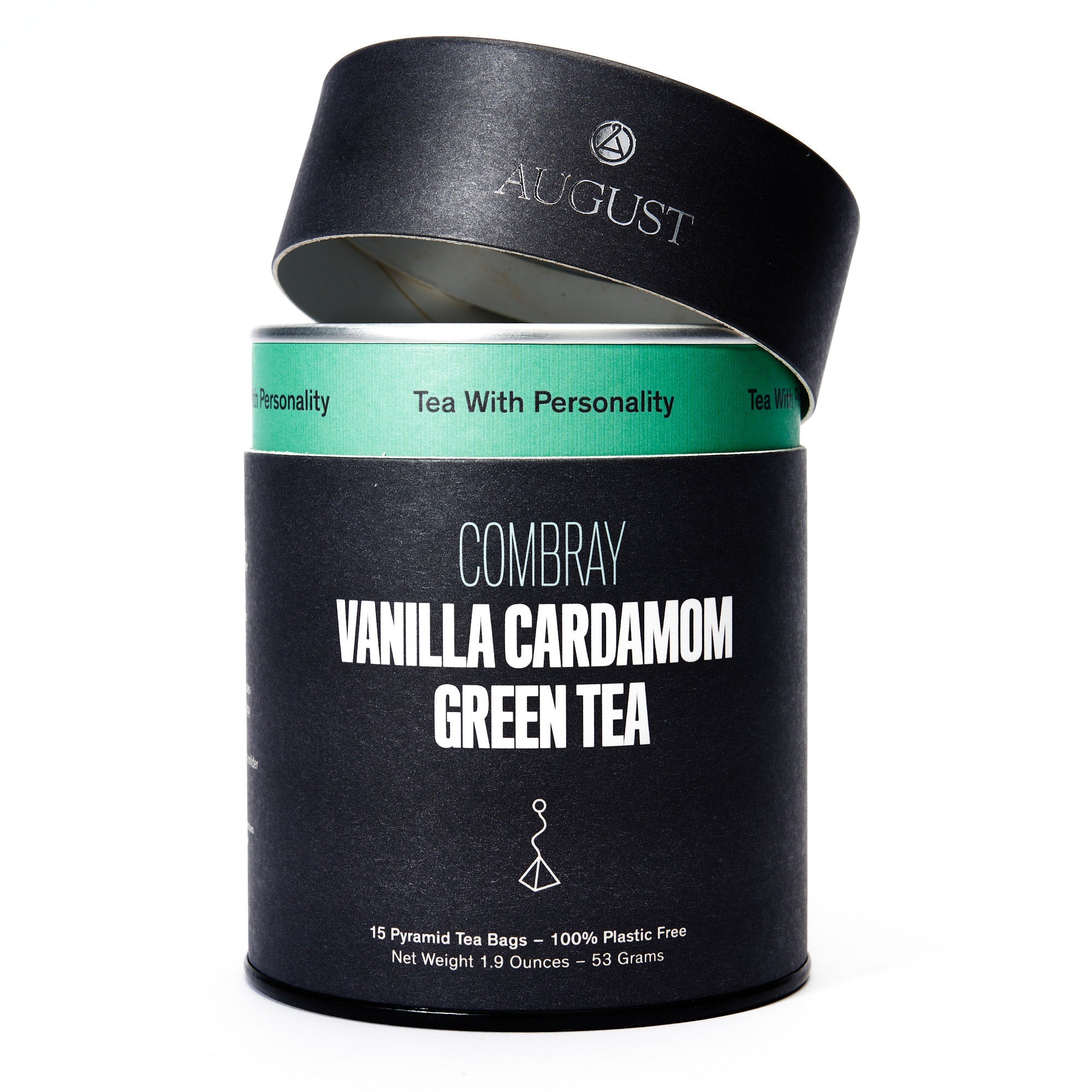 Combray Vanilla Cardamom Green Tea by August Uncommon Tea, 15 tea bags in a box with green tea leaves and vanilla bean accents.