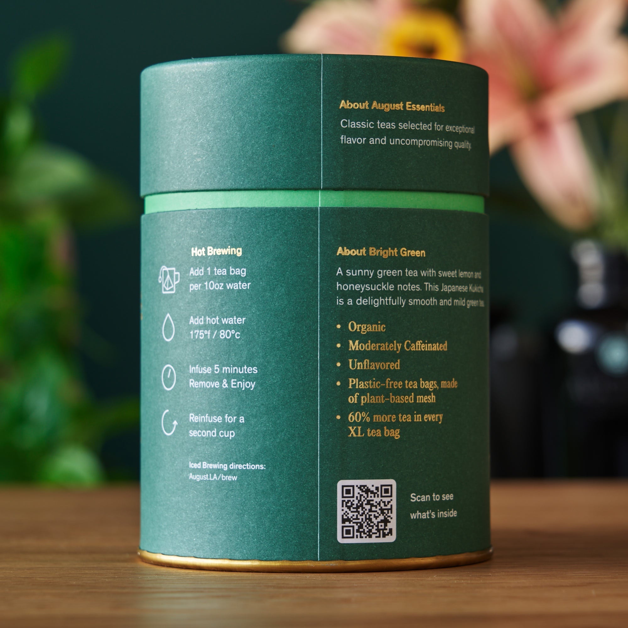 Essentials Bright Green Green Tea by August Uncommon Tea, 15 tea bags, vibrant green tea leaves in a tea bag.