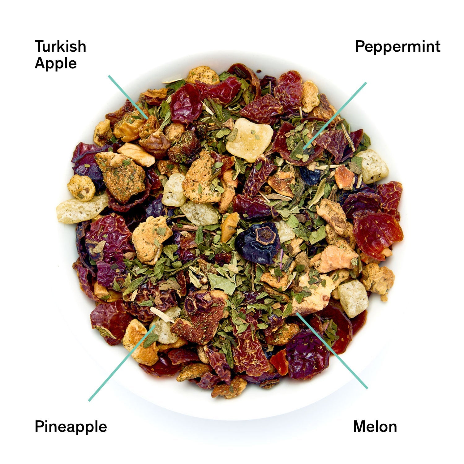 August Uncommon Tea Capri Honeydew Melon Mint Tea herbal tea bag, caffeine-free beverage with fresh honeydew and mint flavor.