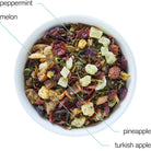 August Uncommon Tea Capri Honeydew Melon Mint Tea herbal bag, caffeine-free beverage with fresh melon and mint flavor.