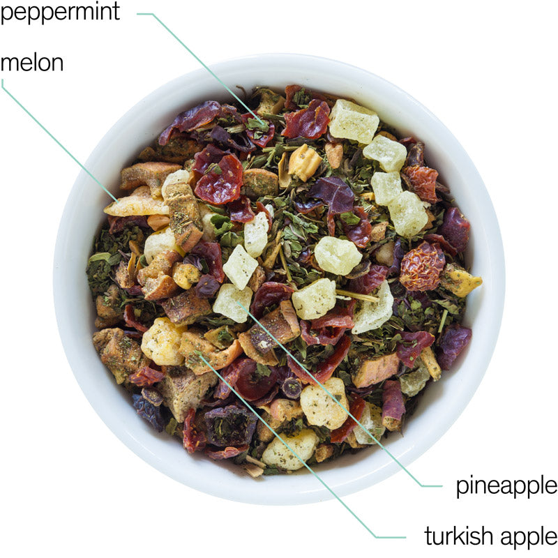 August Uncommon Tea Capri Honeydew Melon Mint Tea herbal bag, caffeine-free beverage with fresh melon and mint flavor.