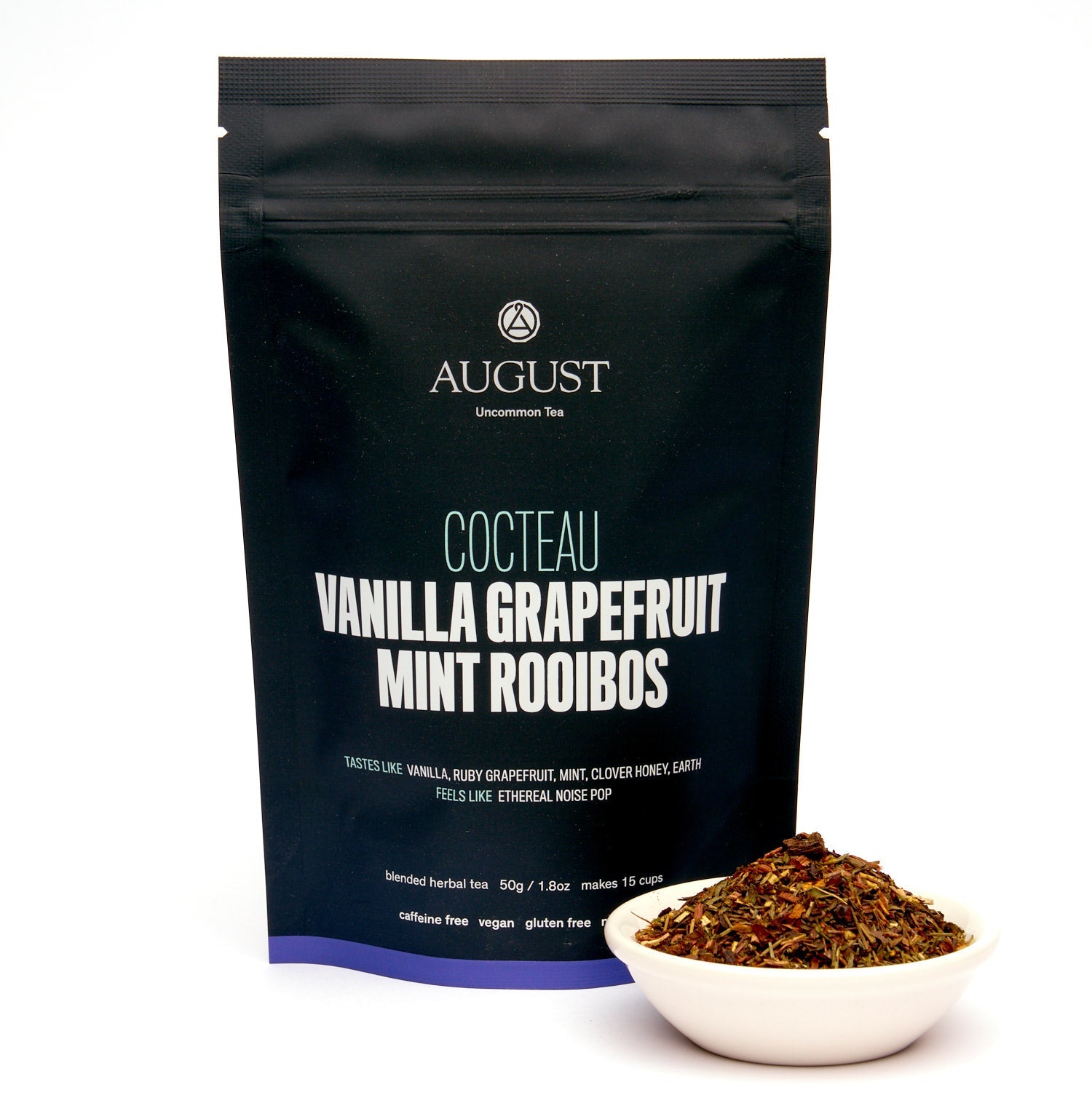 Cocteau Vanilla Grapefruit Mint Rooibos Tea by August Uncommon Tea, caffeine-free herbal tea in a 15-cup bag.