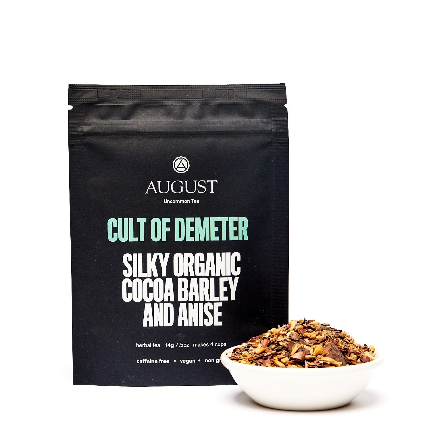 Cult of Demeter Cocoa Anise Barley Tea bag from August Uncommon Tea, caffeine-free herbal tea with cocoa and anise flavor.