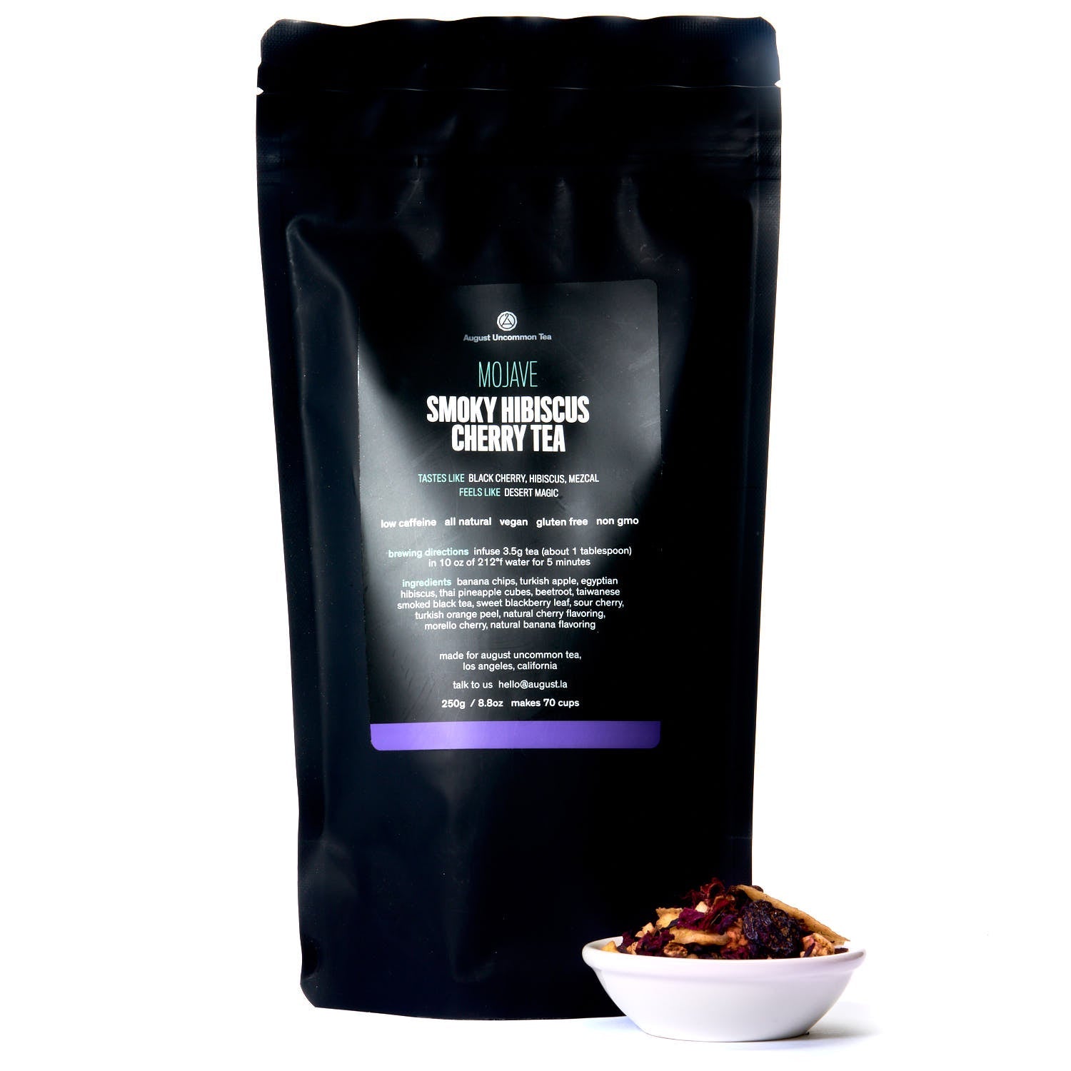 Mojave Smoky Hibiscus Cherry Tea by August Uncommon Tea in a 15-cup herbal tea bag, low caffeine, vibrant hibiscus and cherry blend
