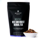 Nightfall herbal tea by August Uncommon Tea, caffeine-free herbal tea in a 15-cup bag, featuring calming herbal blend for relaxation.