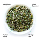 Olympus Mint Cucumber Herbal Tea by August Uncommon Tea, caffeine-free herbal tea bag with fresh mint and cucumber flavor.