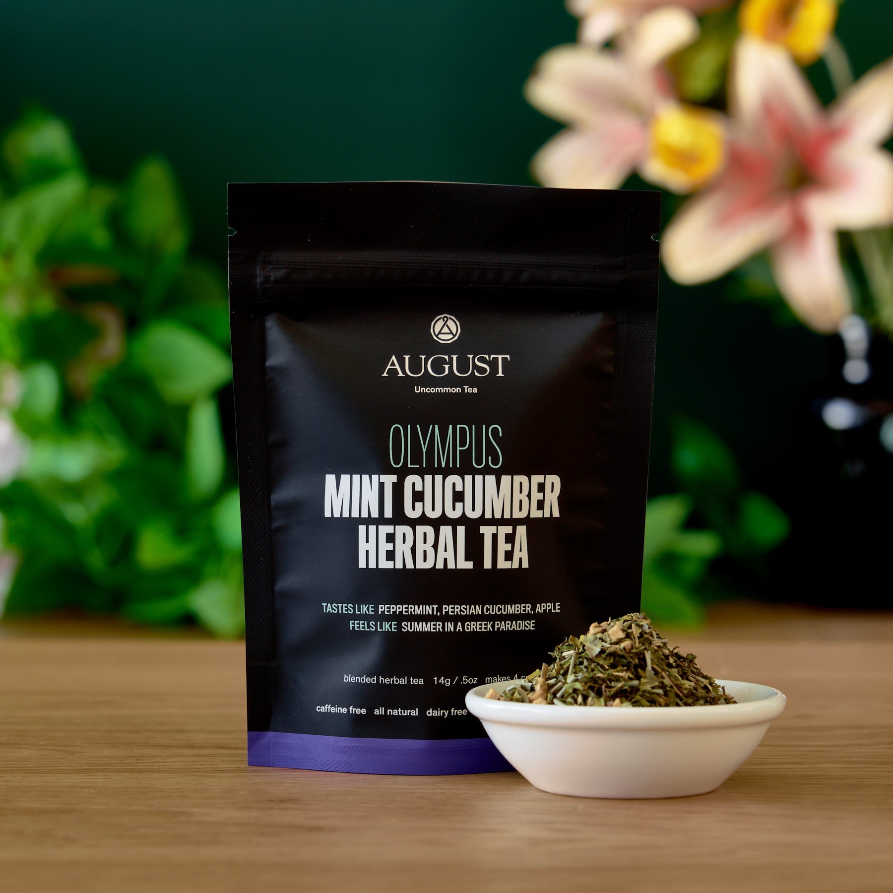 Olympus Mint Cucumber Herbal Tea by August Uncommon Tea, caffeine-free herbal tea in a 15-cup bag.