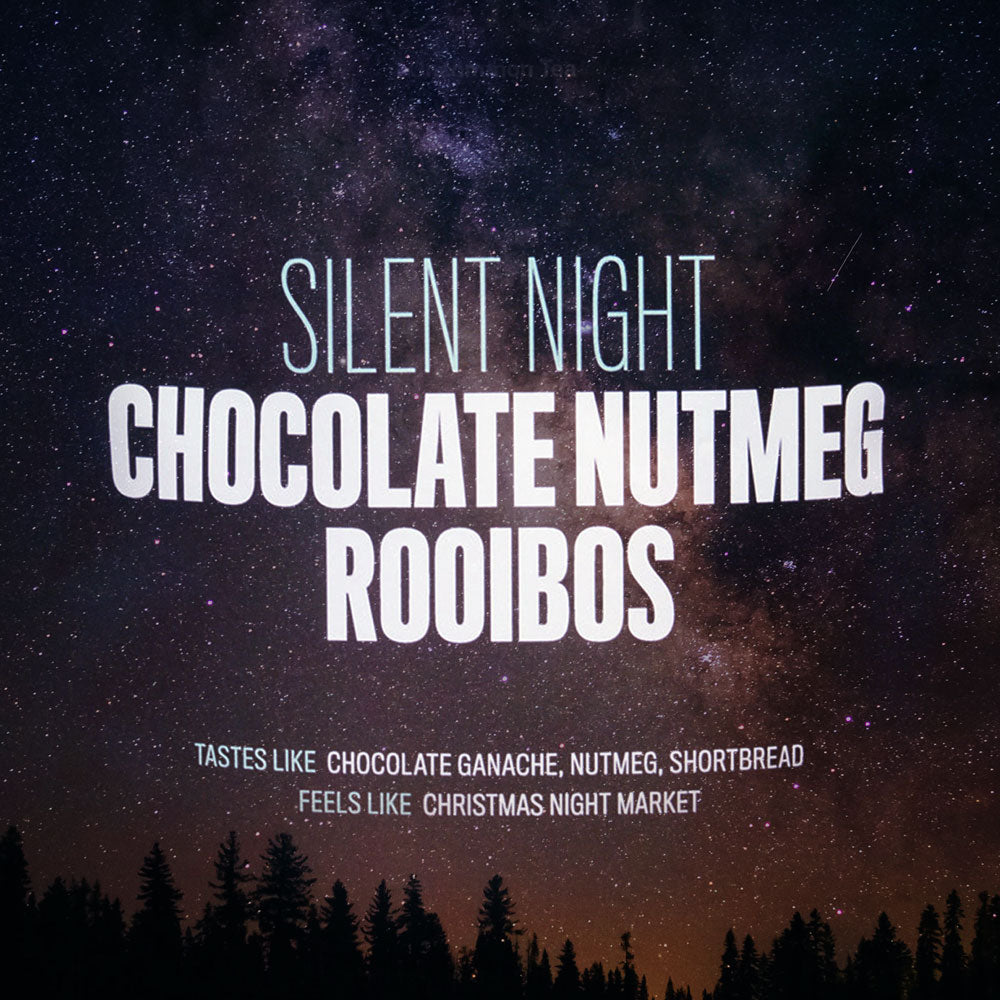 Box of August Uncommon Tea Silent Night Chocolate Nutmeg Rooibos herbal tea in a 15-cup bag, caffeine-free, with chocolate and nutmeg flavor.
