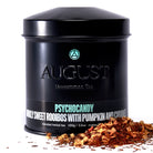 Psychocandy Roasted Pumpkin Caramel Rooibos Tea by August Uncommon in a 28-cup tin, caffeine-free herbal tea with pumpkin and caramel flavors.