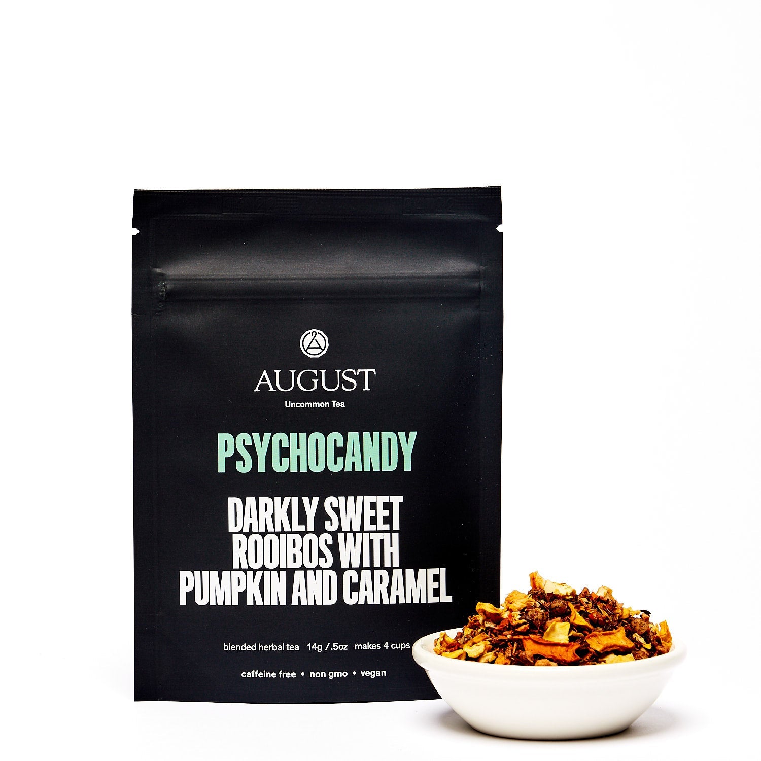 Psychocandy Roasted Pumpkin Caramel Rooibos Tea by August Uncommon Tea in a 28-cup tin, caffeine-free herbal tea with pumpkin and caramel flavor