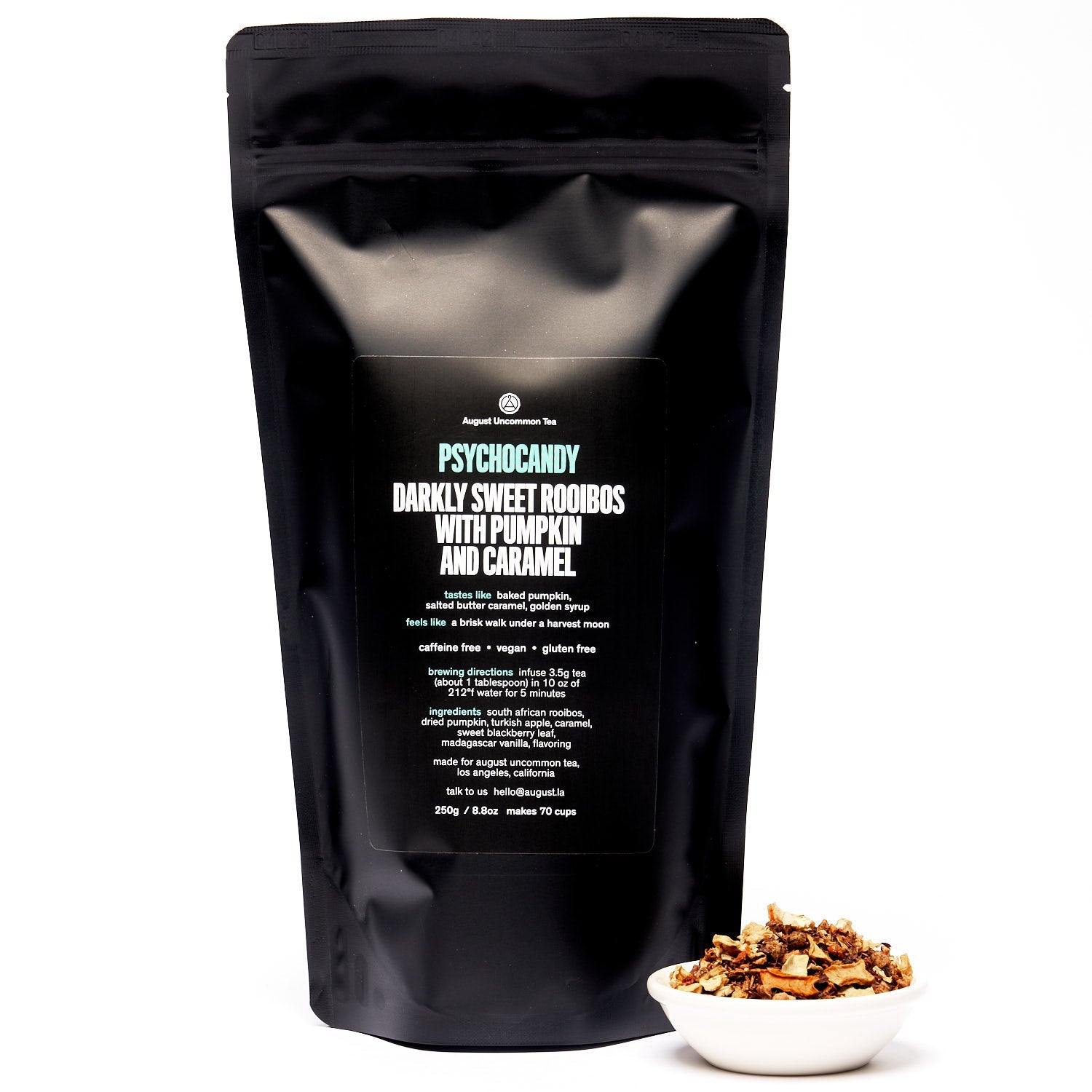 Psychocandy roasted pumpkin caramel caffeine-free rooibos tea in a 28-cup tin by August Uncommon Tea, herbal beverage with warm, rich flavors.