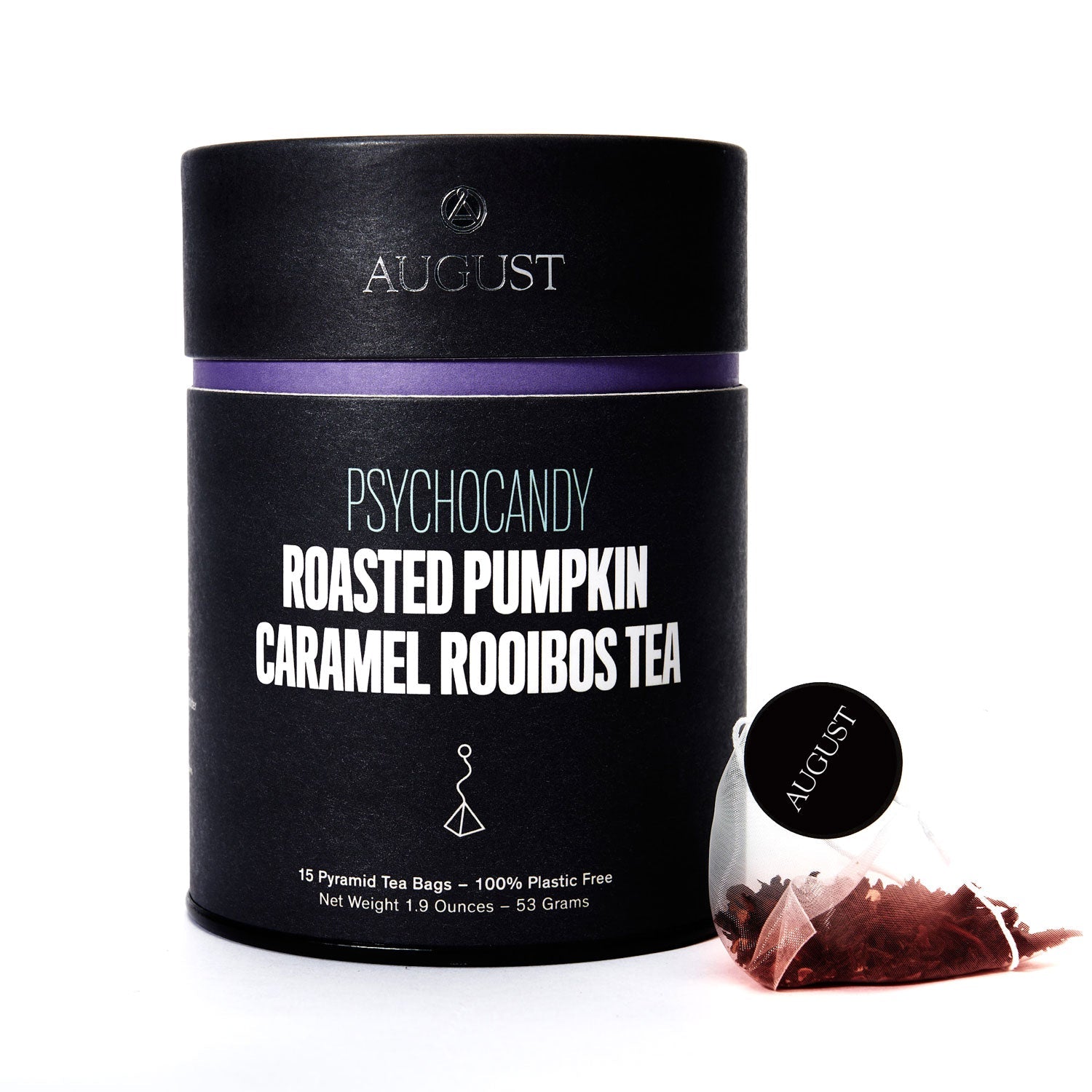 Psychocandy Roasted Pumpkin Caramel Rooibos Tea from August Uncommon Tea, caffeine-free herbal tea in a box of 15 tea bags.
