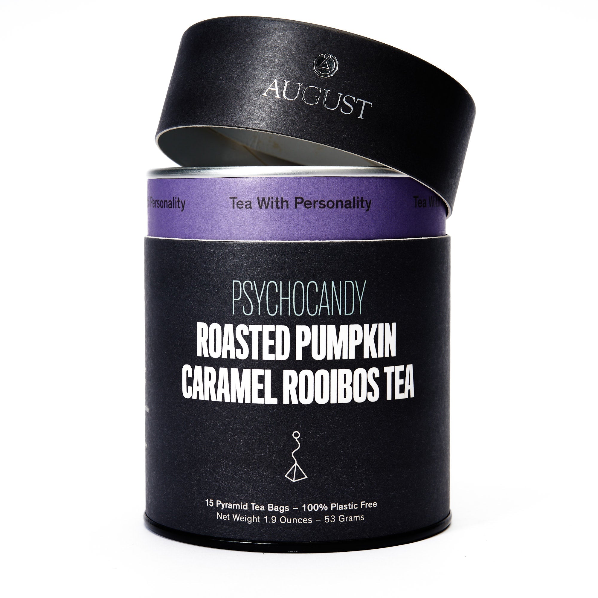 Psychocandy Roasted Pumpkin Caramel Rooibos Tea by August Uncommon Tea in 15 caffeine-free herbal tea bags, featuring pumpkin and caramel flavors.