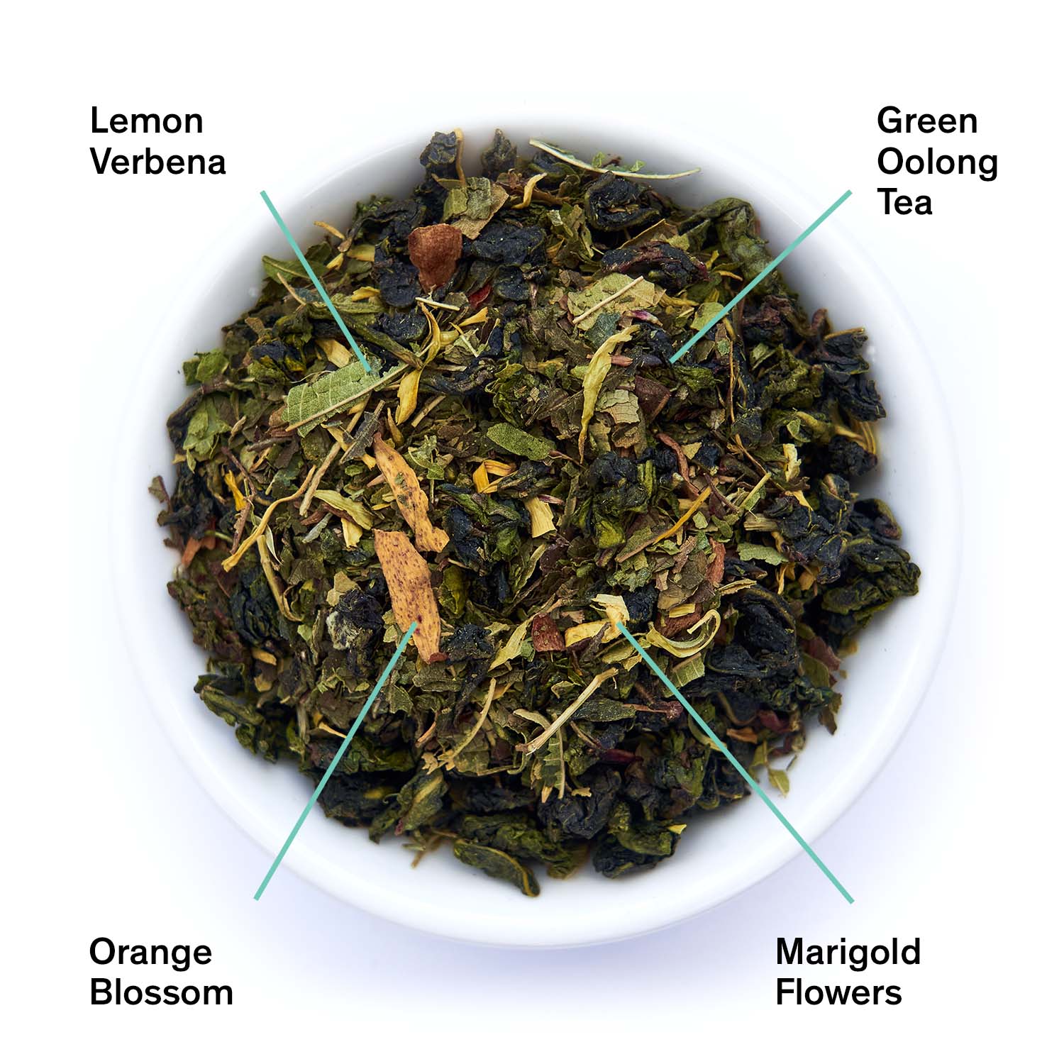 Bag of August Uncommon Tea Superbloom Sweet Lemon Oolong Green Tea in a 15-cup brewing bag, with fresh lemon and green tea leaves visible.